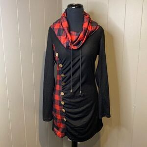 Dressfo Large Cowl Neck Drawstring Sweater Dress Faux Button Details Plaid